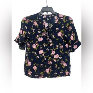 Cupids Diary Small Floral Ruffle 3/4 Sleeve Blouse Top Shirt V Neck